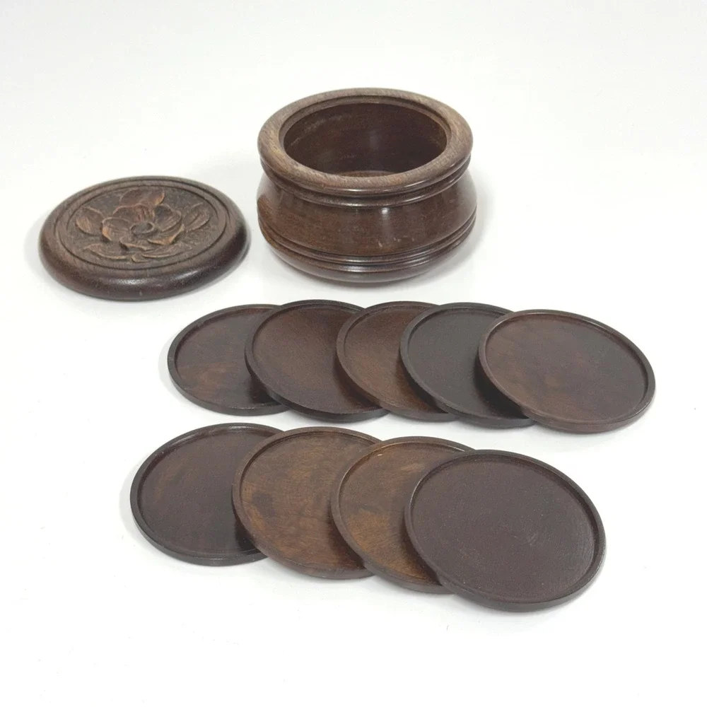 Vintage Hand Carved Round Wood Coaster Set of 9 with Floral Lidded Storage Box